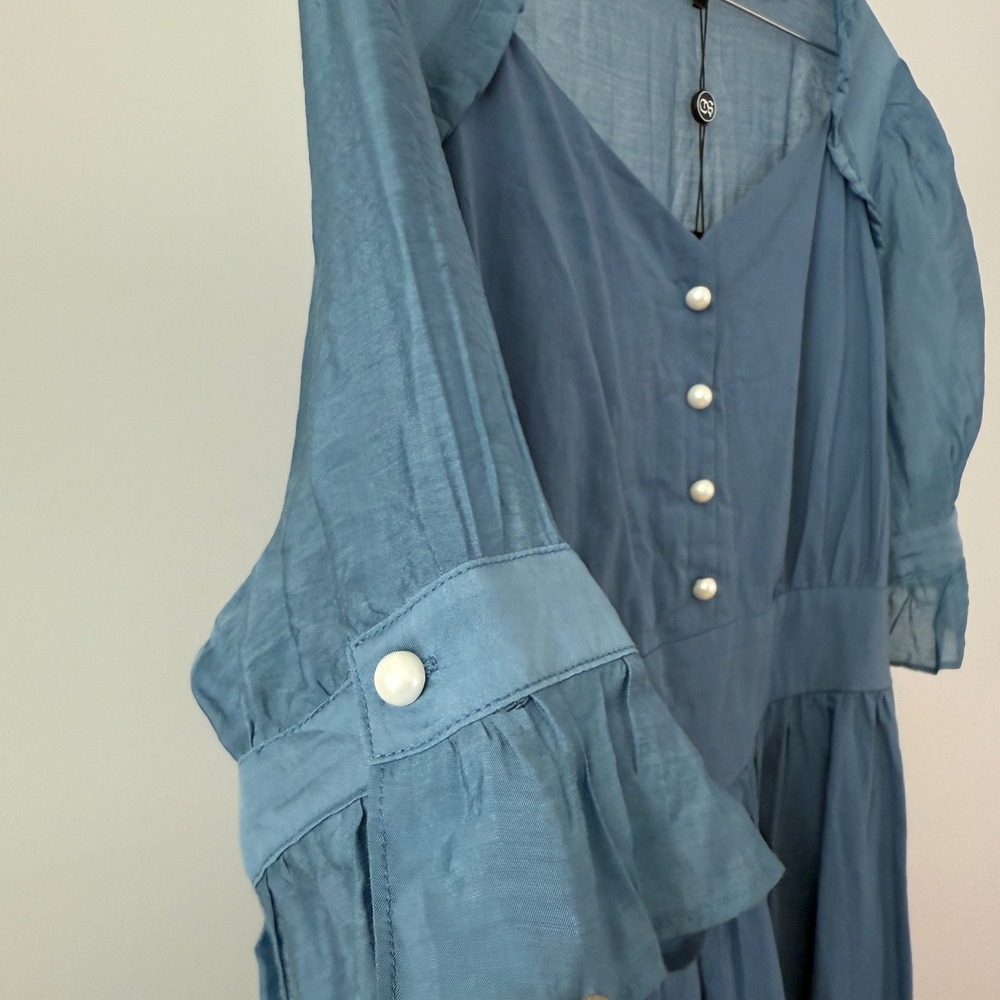 Scarlet Darkness Blue Button Front Midi Dress Tie Waist Sheer Sleeve Women's 2XL - Picture 7 of 8